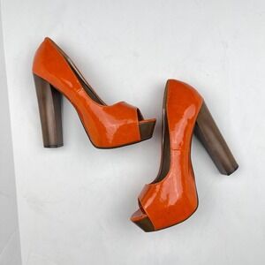 VTG Retro Boho High Heels Orange Brown Y2K Mod Peep Toe 8 Going Out Summer 70s